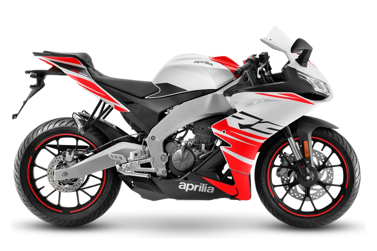 Aprilia RS 125 in Kingsnake White, zijaanzicht