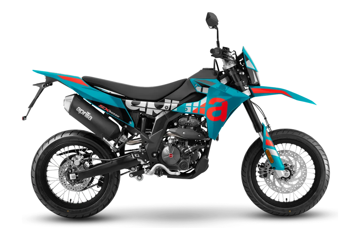 Aprilia SX 125 in Tarantula Blue, zijaanzicht