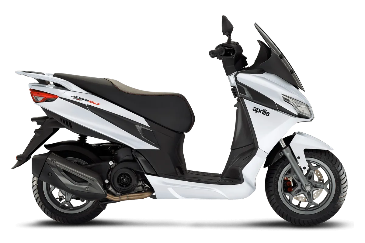 Aprilia SXR 50 in Active White, zijaanzicht