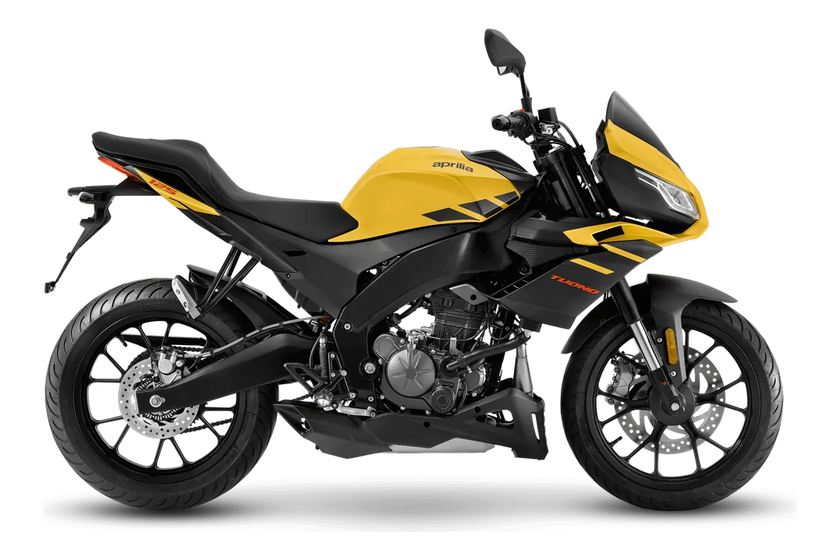 Aprilia Tuono 125 in Viper Yellow, zijaanzicht